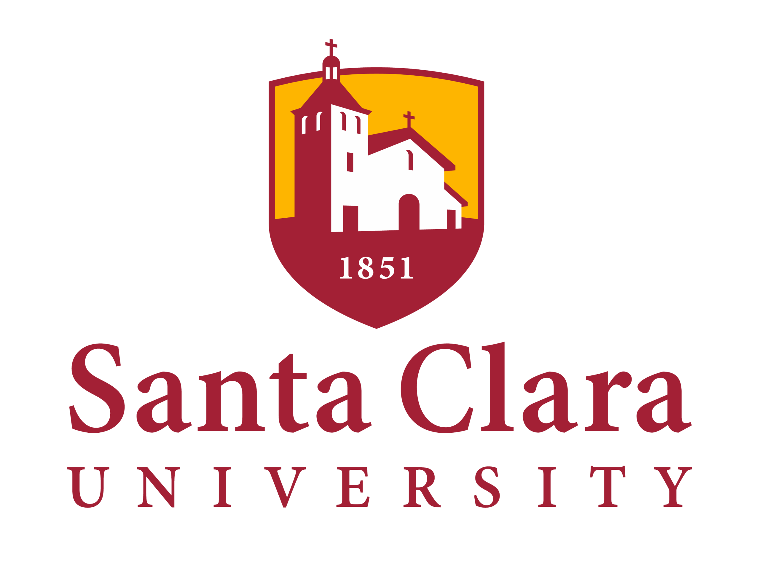 Santa Clara University logo featuring a shield with a church illustration and the year 1851, symbolizing the institution's heritage and identity.